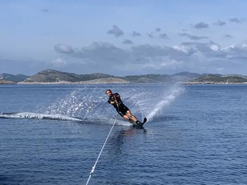 Guest waterskiing behind the diesel inflatable boat